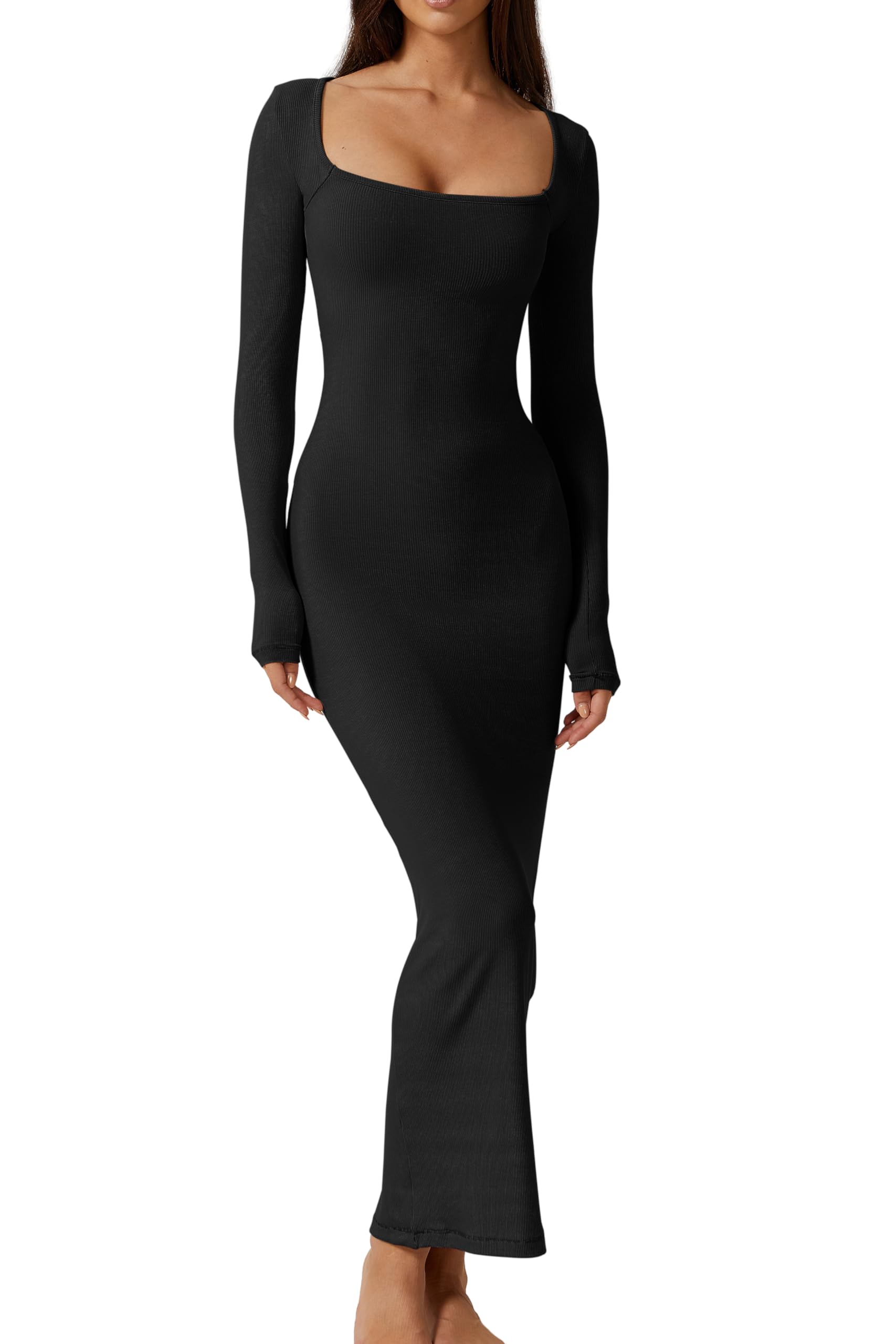 QINSEN Long Dresses for Women  Square Neck Long Sleeve Bodycon Maxi Dress Black M