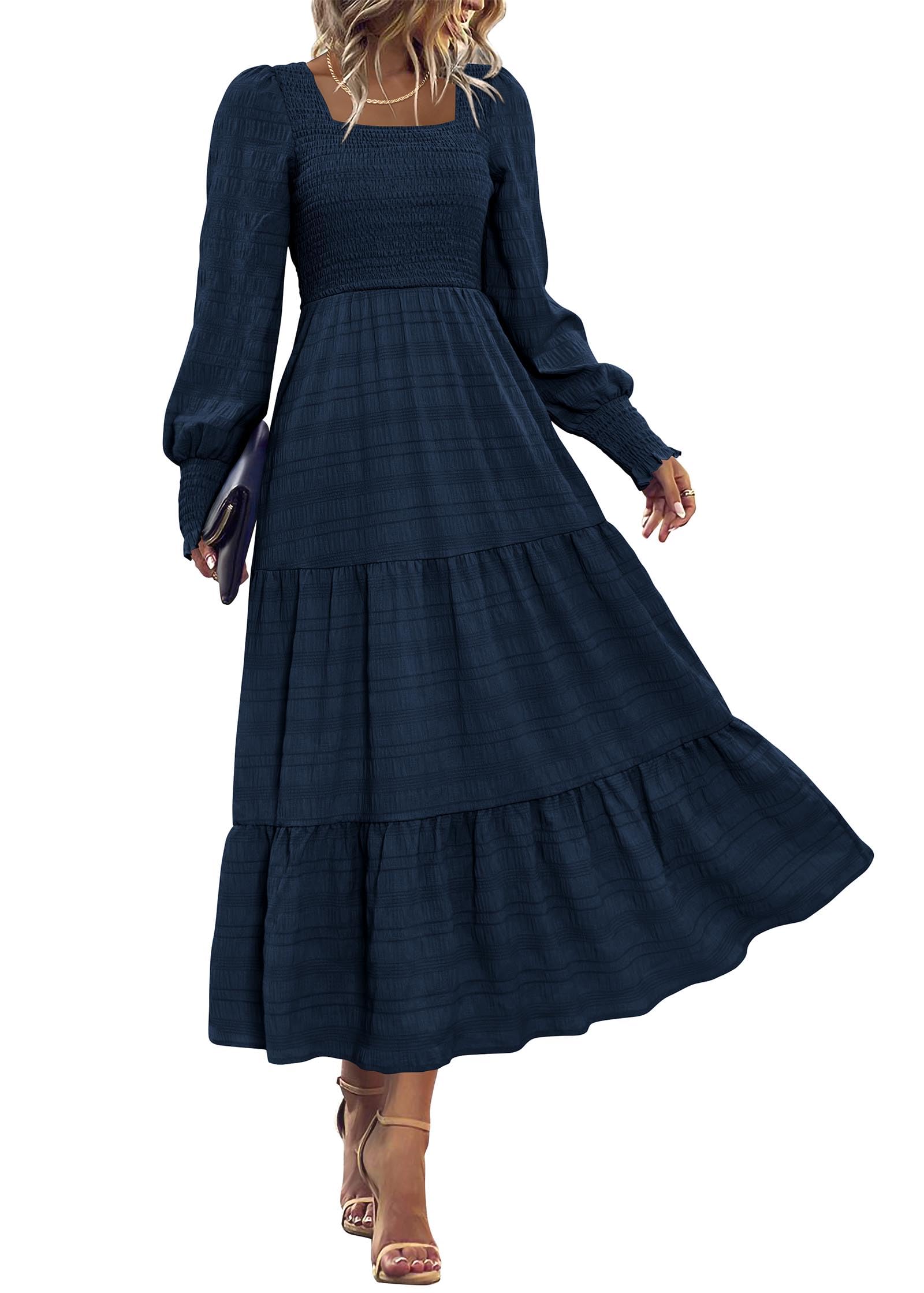 KIRUNDO Women Fall Winter Wedding Guest Maxi Dress Elegant Puff Long Sleeve Smocked Empire Waist Swing Flowy Long Dresses(Navy Medium)