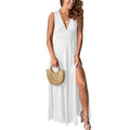 Womens Deep V-Neck Maxi Dress  Side Slit Party Club Long Dresses Summer Sundress for Women White