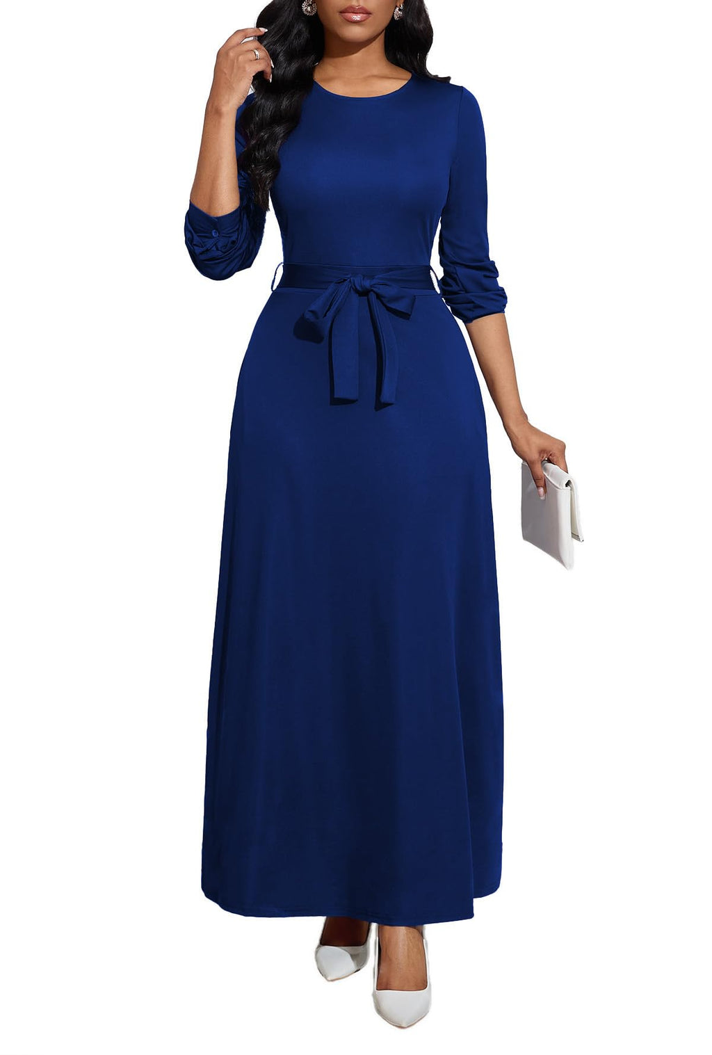 Long Blue Dress for Women Casual Long Sleeve Dresses Crew Neck Maxi Dress Empire Waist 2024 Long Dresses XX-Large