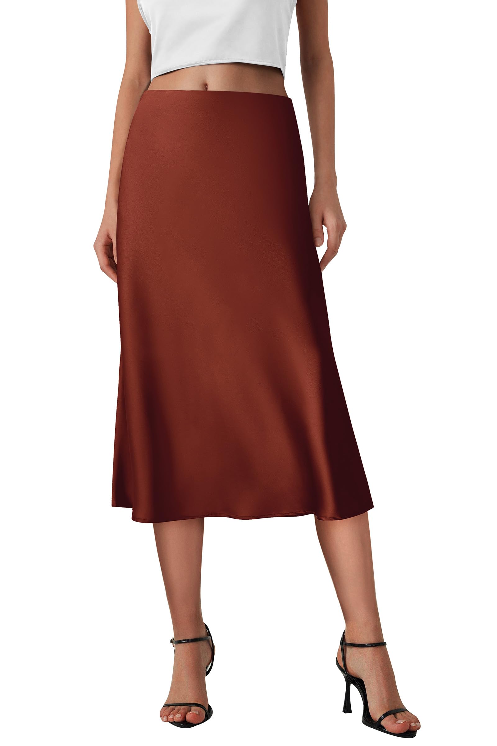 PRETTYGARDEN Womens Midi Skirts 2024 Summer Dressy Casual High Waisted Ruffle A Line Silk Satin Skirts (BrownX-Large)