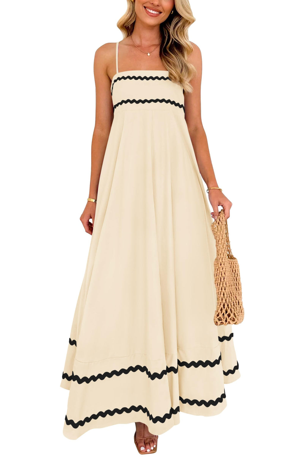 PRETTYGARDEN Womens 2025 Summer Flowy Maxi Dress Casual Sleeveless Spaghetti Strap Ruffle Beach Long Dresses (Light BeigeXX-Large)