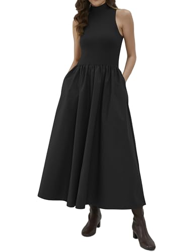 synound Women Turtleneck Maxi Dress Elegant Patchwork Sleeveless Pullover Long Dresses Casual Fashion Flowy with Pockets Black