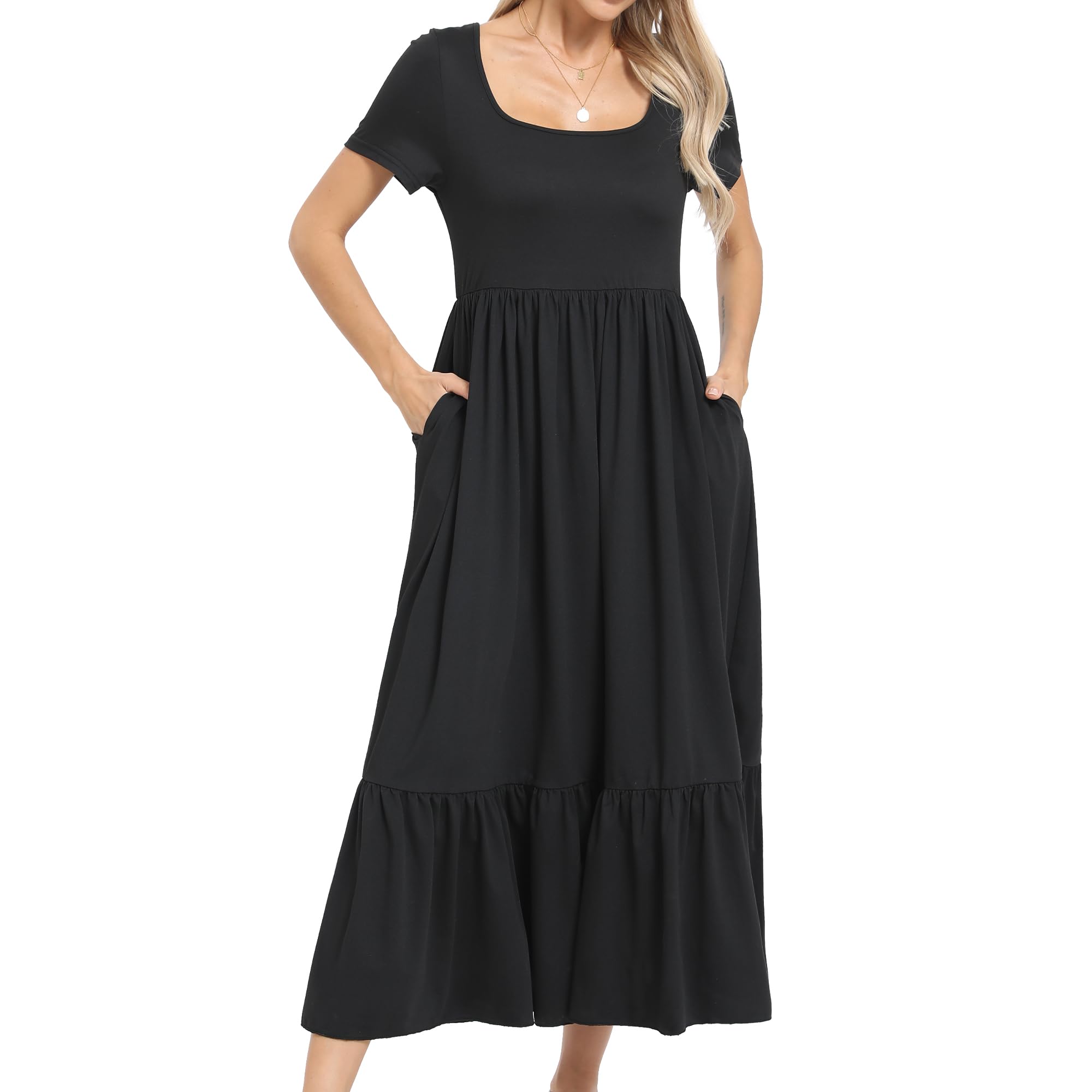 Women's Black Work Dress Square Neck Short Sleeve Flowy Long Dresses Casual Maxi Sundress with Pockets