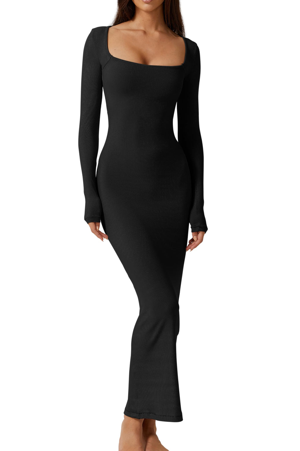 QINSEN Long Dresses for Women  Square Neck Long Sleeve Bodycon Maxi Dress Black M
