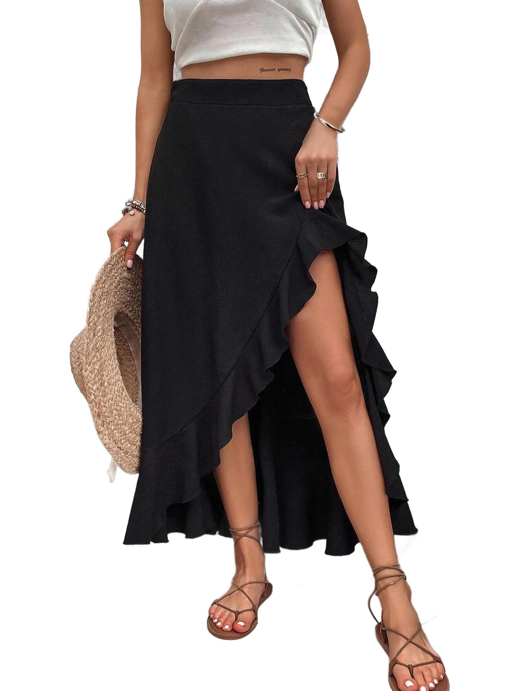 Avanova Womens Slit Split Ruffle Long Skirts High Waisted Summer Flowy Maxi Skirts Black Medium
