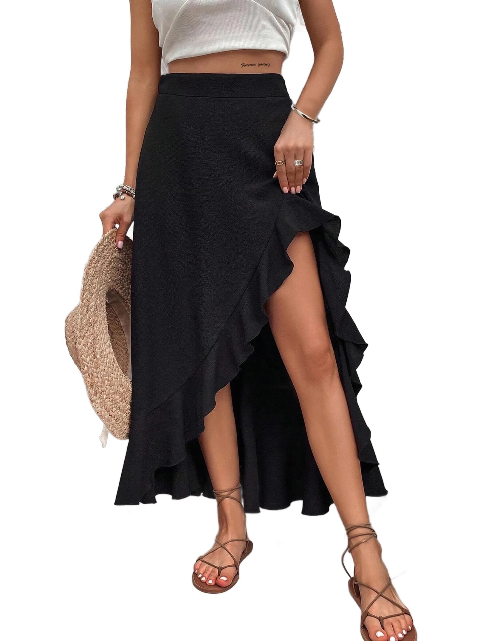 Avanova Womens Slit Split Ruffle Long Skirts High Waisted Summer Flowy Maxi Skirts Black Medium