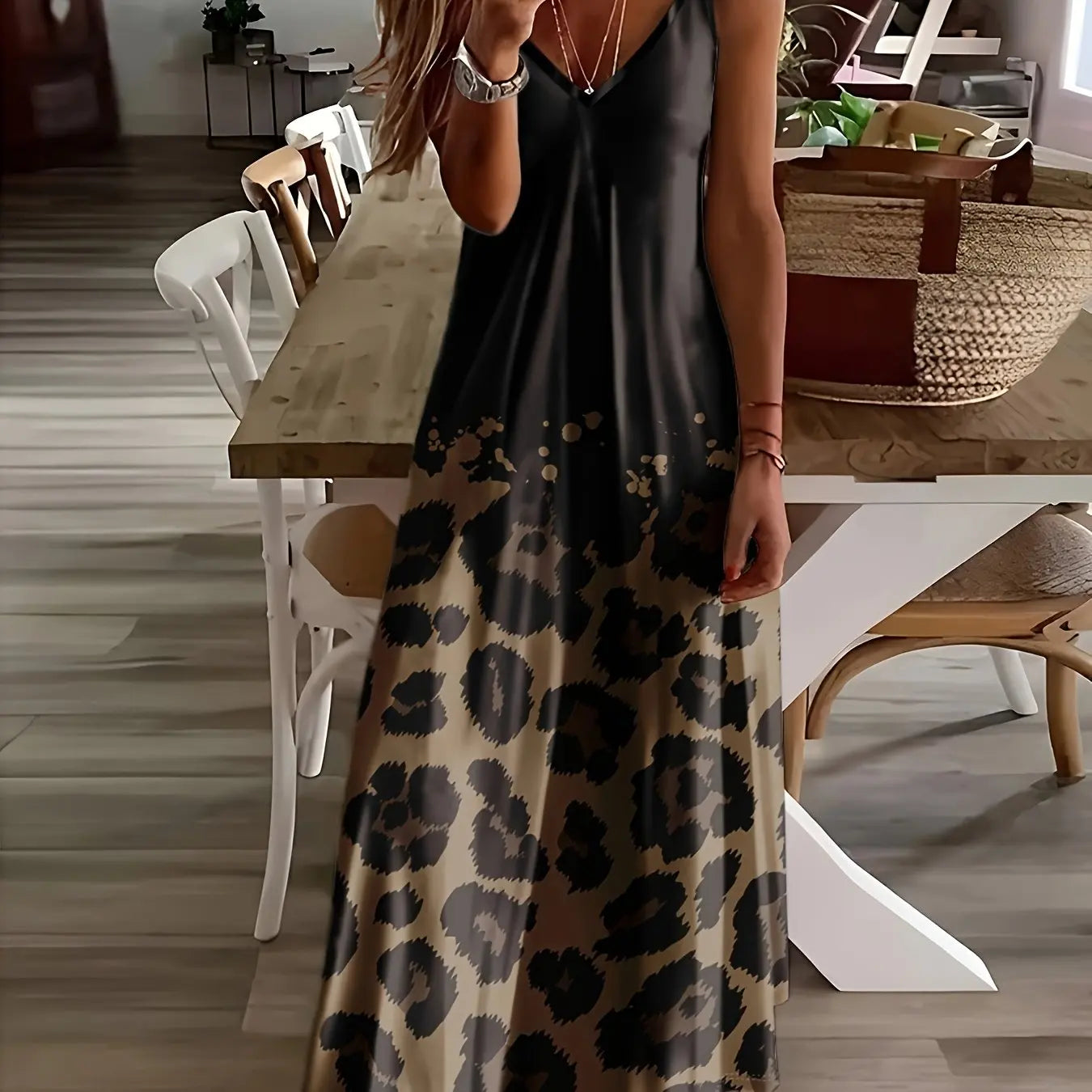 Women's Summer Slip Dress Casual Fashion Leopard Geometric Print And Calf Dress Beach Seaside Fashion Resort Style Dress