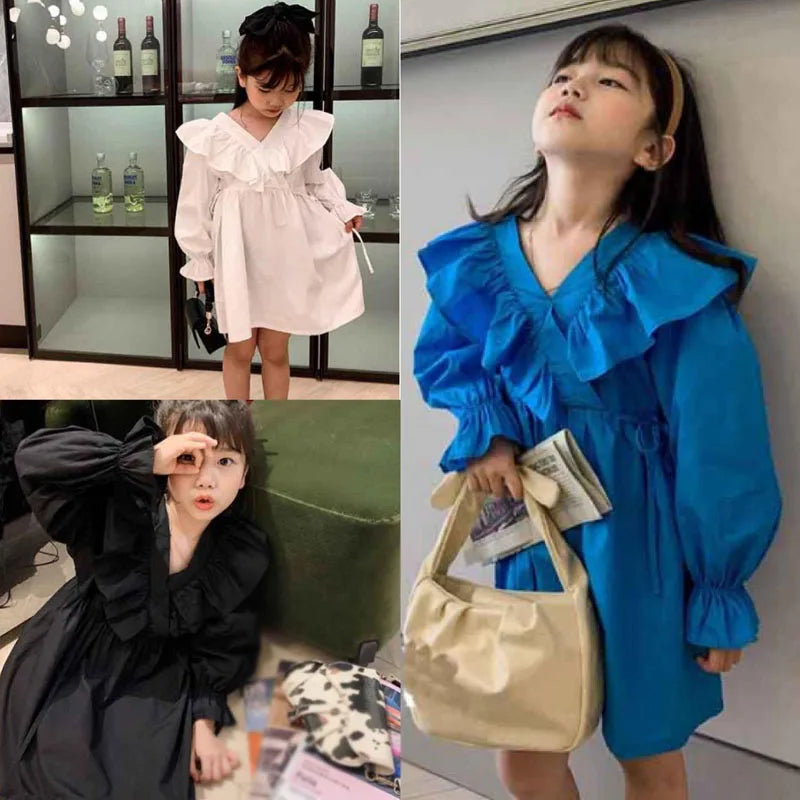 Spring Autumn Girls' Dress Temperament Costumes Pure Color Stitching Long-Sleeved Princess Dress Baby Kids Children'S Clothing