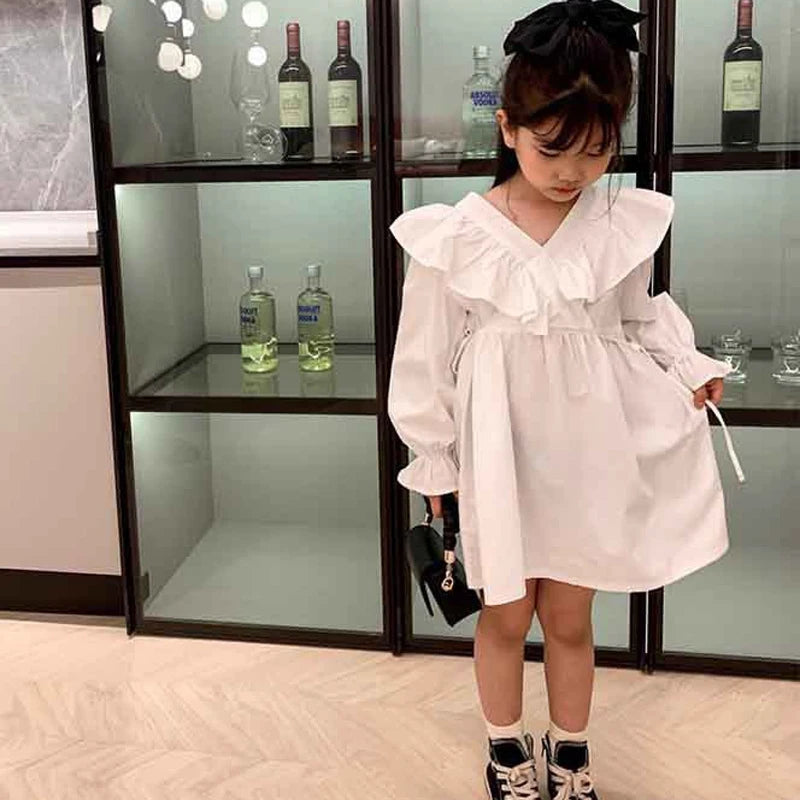 Spring Autumn Girls' Dress Temperament Costumes Pure Color Stitching Long-Sleeved Princess Dress Baby Kids Children'S Clothing