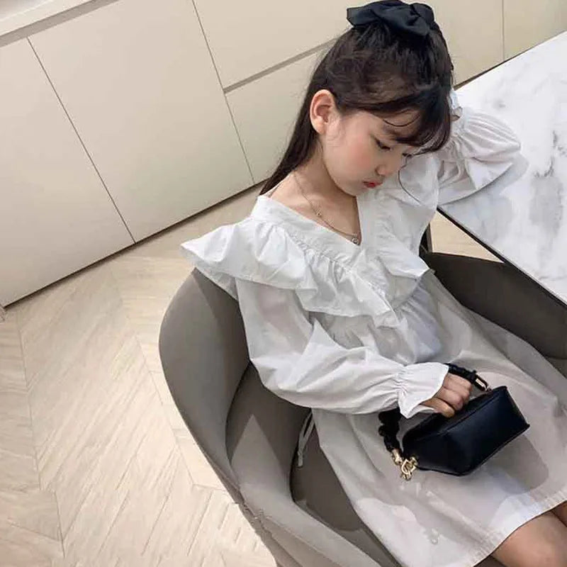 Spring Autumn Girls' Dress Temperament Costumes Pure Color Stitching Long-Sleeved Princess Dress Baby Kids Children'S Clothing