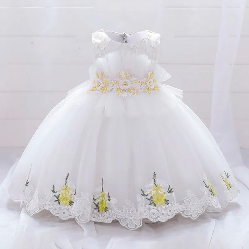 White Pink Flower Baptism First 1st Birthday Dress For Baby Girl Clothing Toddler Princess Lace Party Beads Costumes 0-5 Years