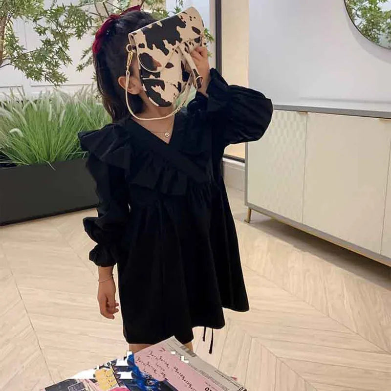 Spring Autumn Girls' Dress Temperament Costumes Pure Color Stitching Long-Sleeved Princess Dress Baby Kids Children'S Clothing