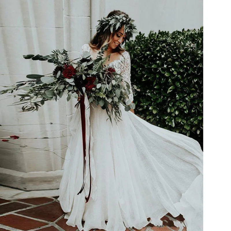 LORIE Boho Wedding Dress 3/4 Long Sleeve A Line White Ivory Chiffon Lace Princess Beach Bride Two Pieces Customized Wedding Gown