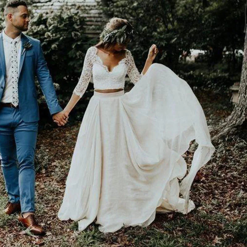 LORIE Boho Wedding Dress 3/4 Long Sleeve A Line White Ivory Chiffon Lace Princess Beach Bride Two Pieces Customized Wedding Gown