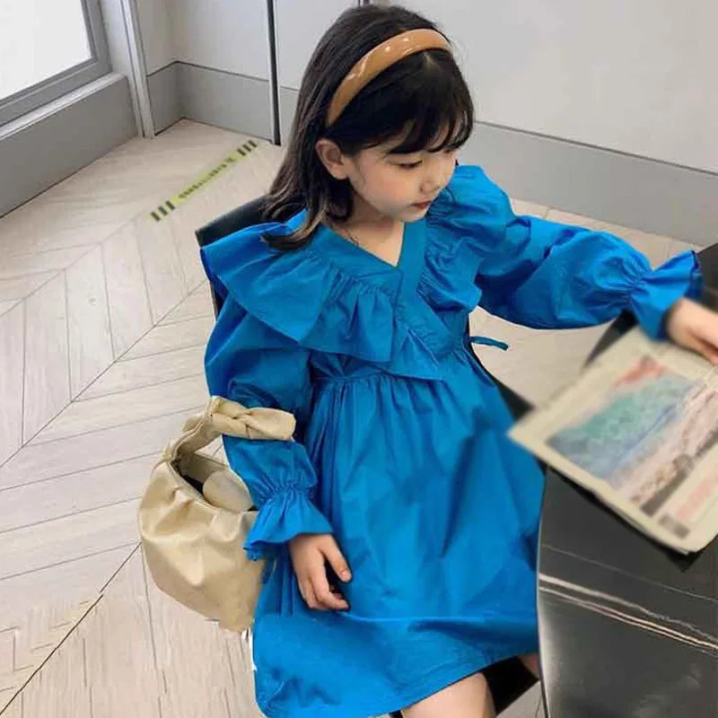 Spring Autumn Girls' Dress Temperament Costumes Pure Color Stitching Long-Sleeved Princess Dress Baby Kids Children'S Clothing