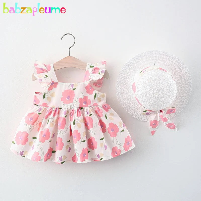 2Piece Sets Summer Outfit Baby Girl Costume Toddler Dresses Korean Cute Flowers Princess Beach Dress+Sunhat Newborn Clothes 067