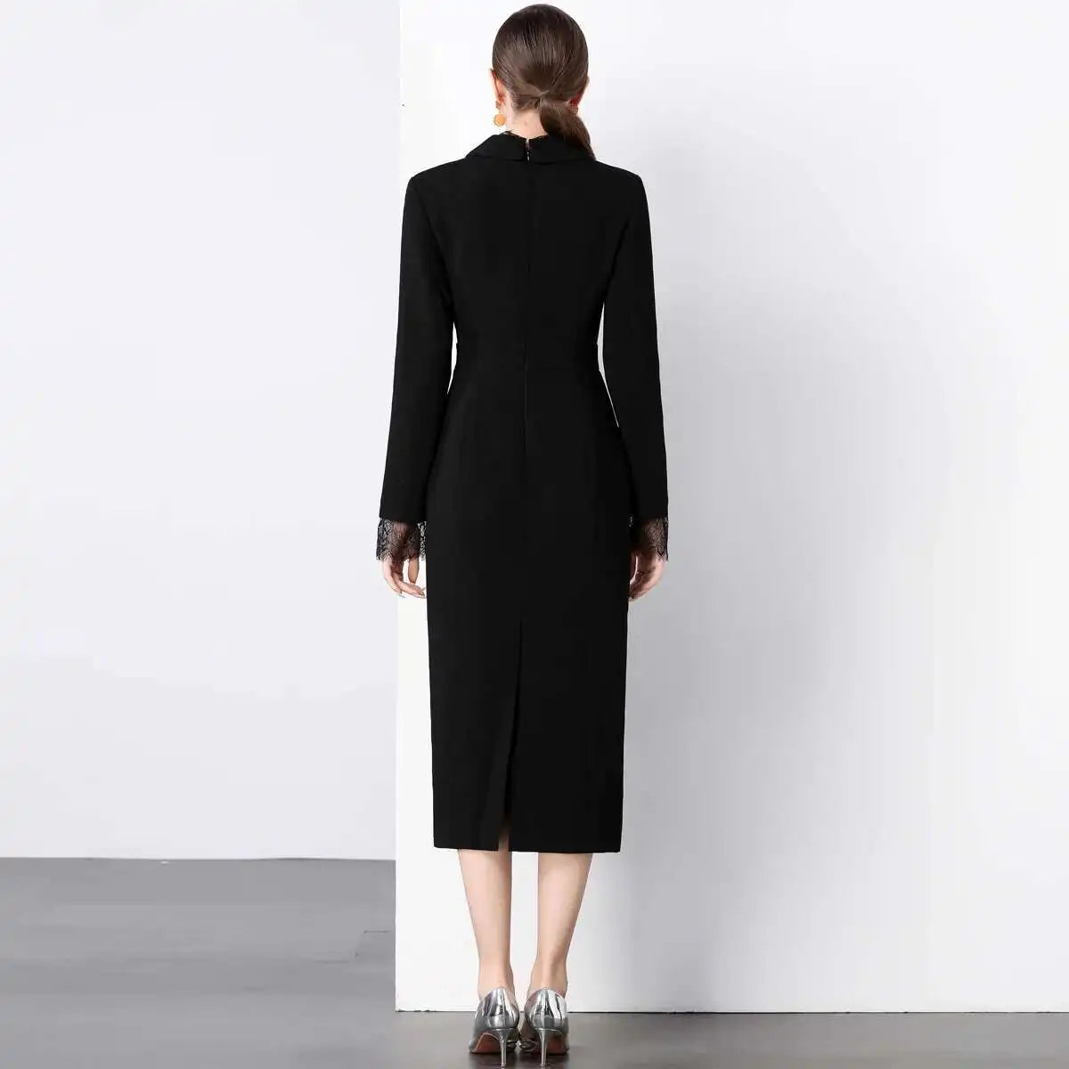 Autumn Winter Lace V Neck Long Sleeve Pencil Dress Women French Hepburn Style Single Breasted Bodycon Midi Work Dresses Lady
