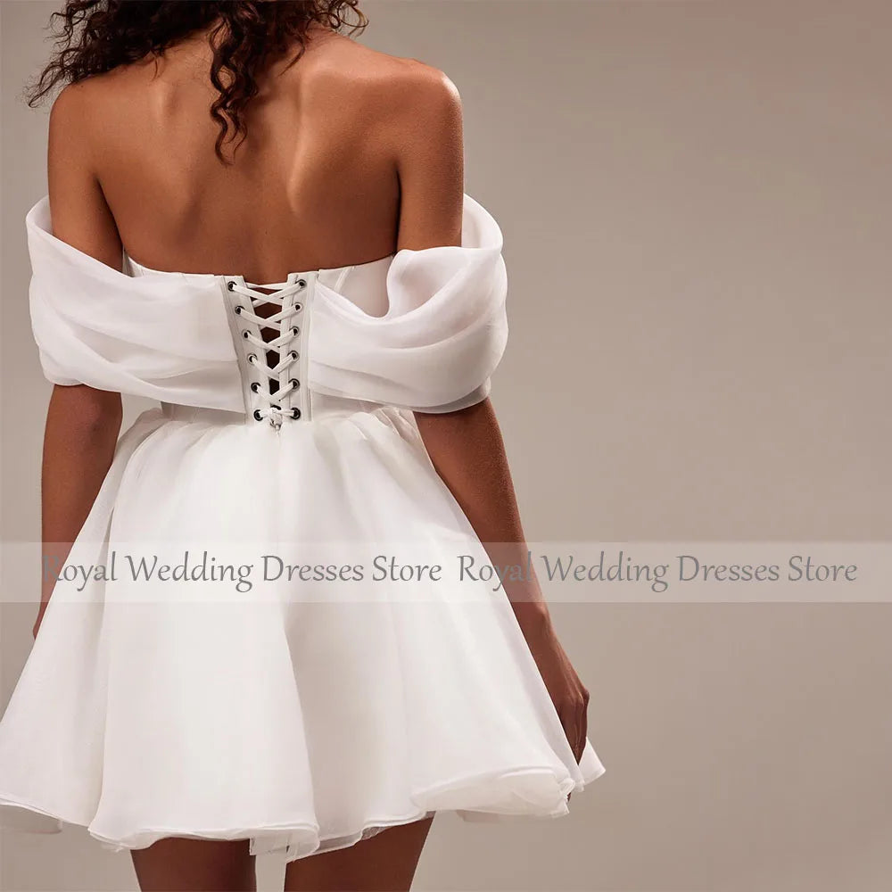 Short Wedding Dress for Bride Off the Shoulder Corset Mini Wedding Gowns White Organza A Line Lace Up Elegant Bridal Dresses