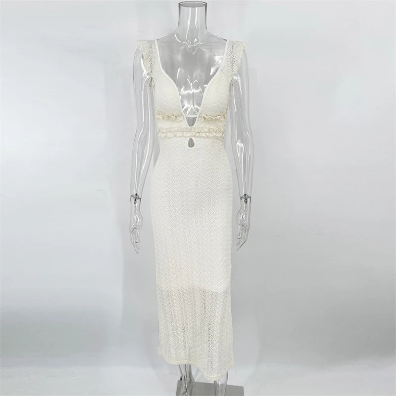 TARUXY Deep V Neck Sexy Dresses Women Sleeveless See Through High Waist Long Cover Up Dress Femme Holiday Knitted Beach Dress
