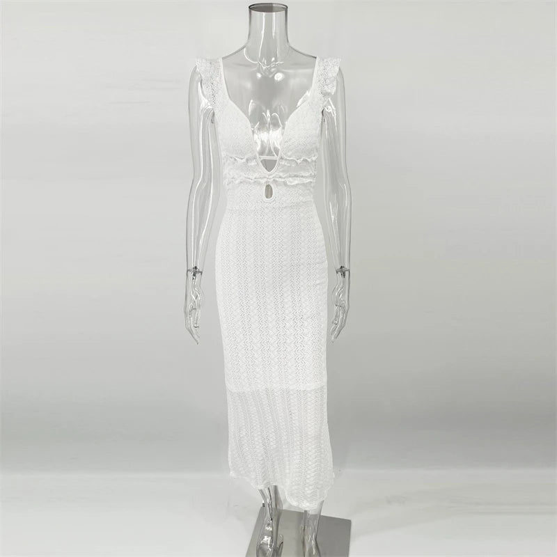TARUXY Deep V Neck Sexy Dresses Women Sleeveless See Through High Waist Long Cover Up Dress Femme Holiday Knitted Beach Dress