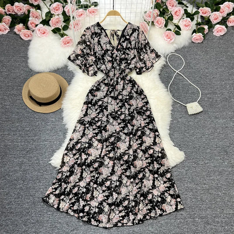 Women Chiffon Floral Long Dress Elegant Korean V Neck Short Sleeve Summer Bohemian Print Beach Dresses For Women Black