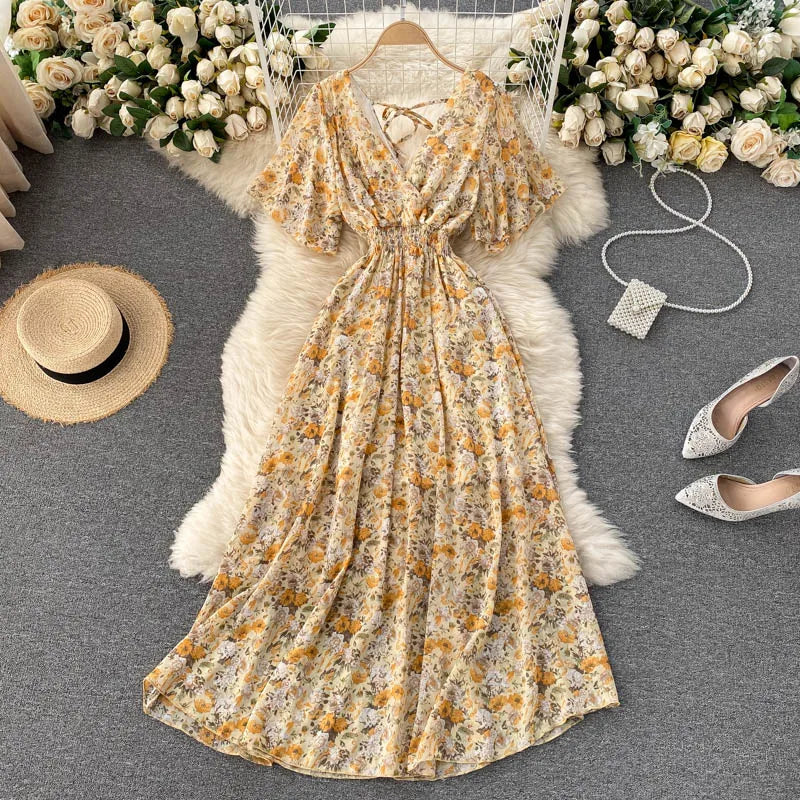 Women Chiffon Floral Long Dress Elegant Korean V Neck Short Sleeve Summer Bohemian Print Beach Dresses For Women Black
