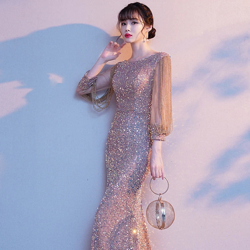 DongCMY Special Occasion Formal Elegant Sequin Evening Dress Party Mermaid Maxi Bodycon Vestido De Festa Luxo Women Dress