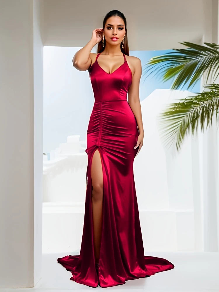 Sexy V Neck Sleeveless Long Satin Dress Evening Wedding Party Bridesmaids Split Mermaid Gown
