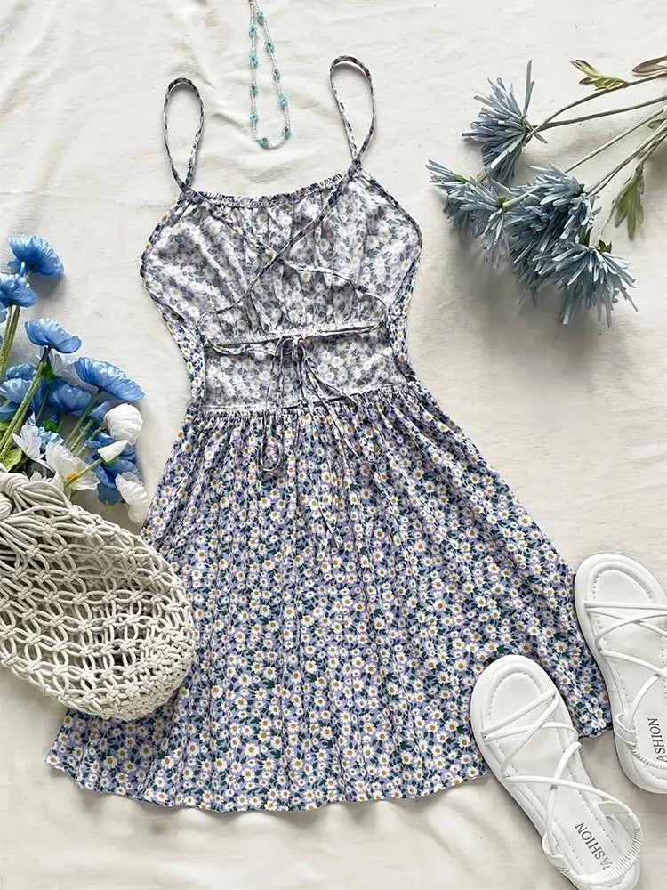 2025 Summer New European and American Cross border Women's Trade Fashion Leisure V-neck Floral Strap Dress