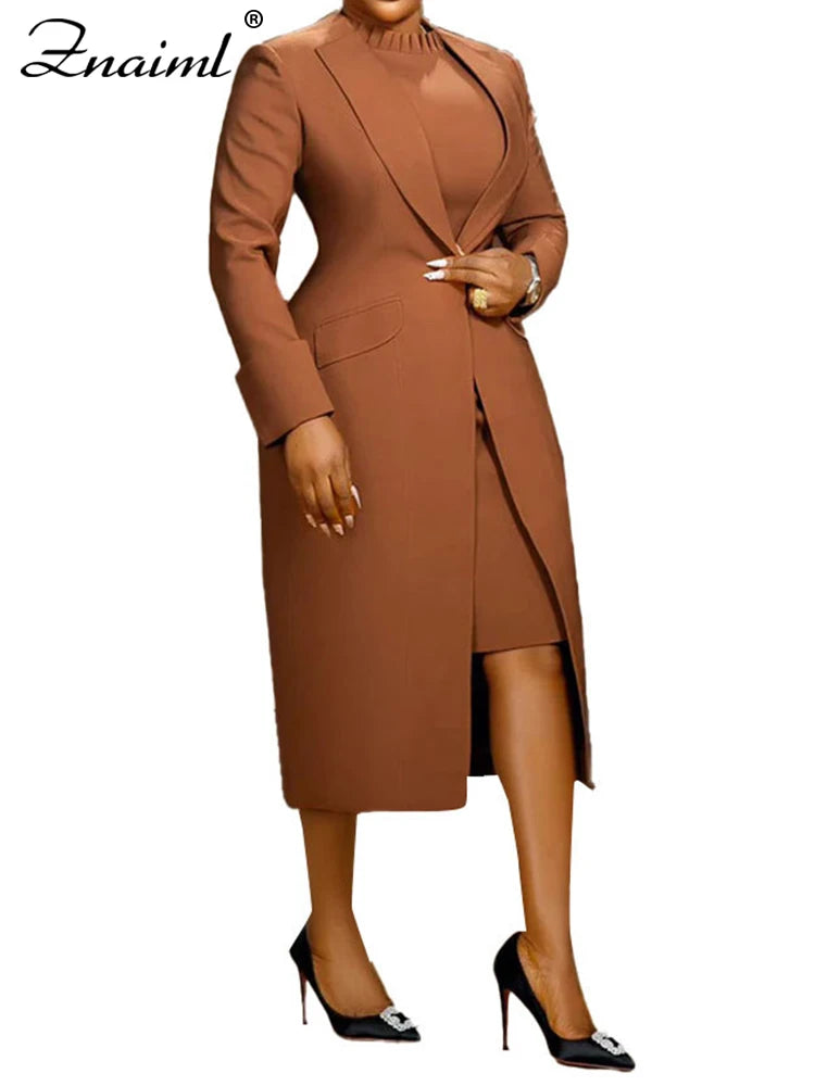 Znaiml Elegant Office Lady Long Blazer with Dress 2 Pieces Sets Woman Clothing Fashion Work Business African Streetwear Outfits