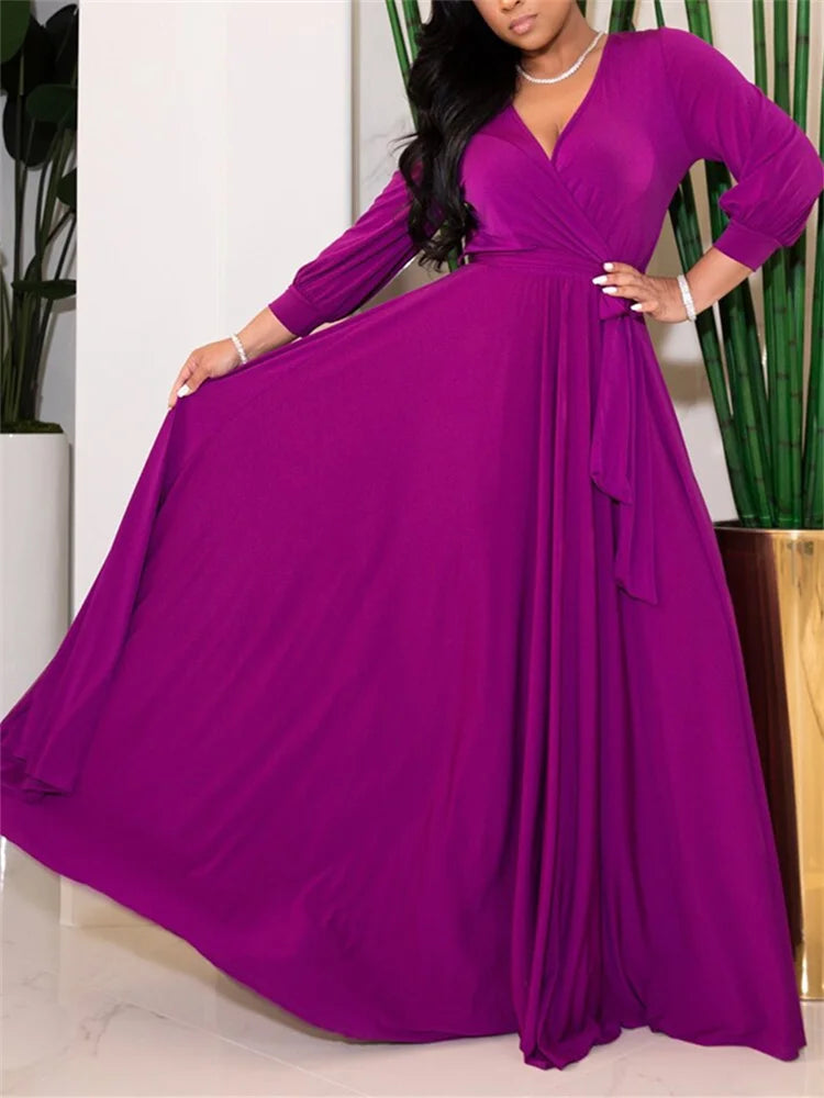 Wmstar Women's Dress Fashion Commuter Solid Color V-Neck Elastic Waist Long Sleeve Big Swing Loose Casual Oversize Long Dresses