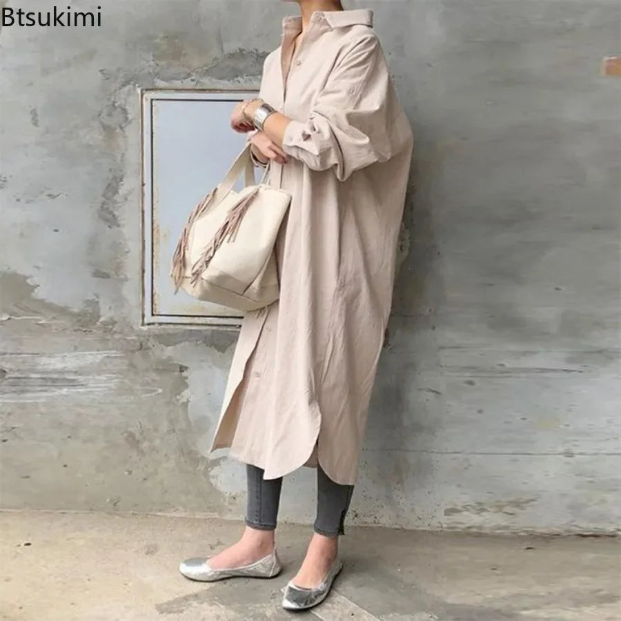 New Women's Spring Long Shirt Dress Temperament Casual Loose Work OL Dresses Elegant Long Sleeve Solid Trench Coat Women Blouses