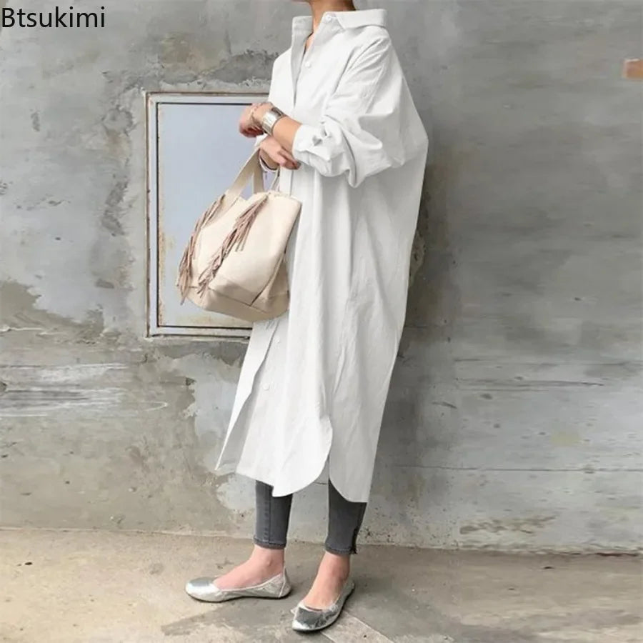 New Women's Spring Long Shirt Dress Temperament Casual Loose Work OL Dresses Elegant Long Sleeve Solid Trench Coat Women Blouses