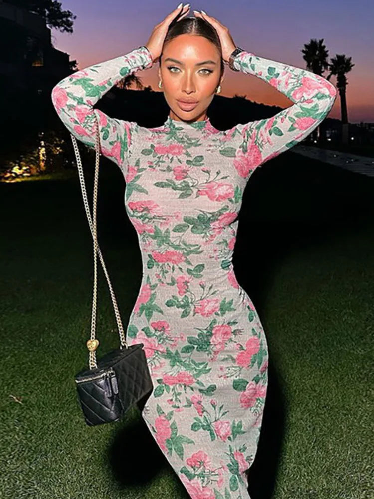 Mozision Bodycon Long Sleeve Half High Collar Print Zipper Elegant Maxi Dress Women Slim High Waist Sexy Dress Ladies Outfits