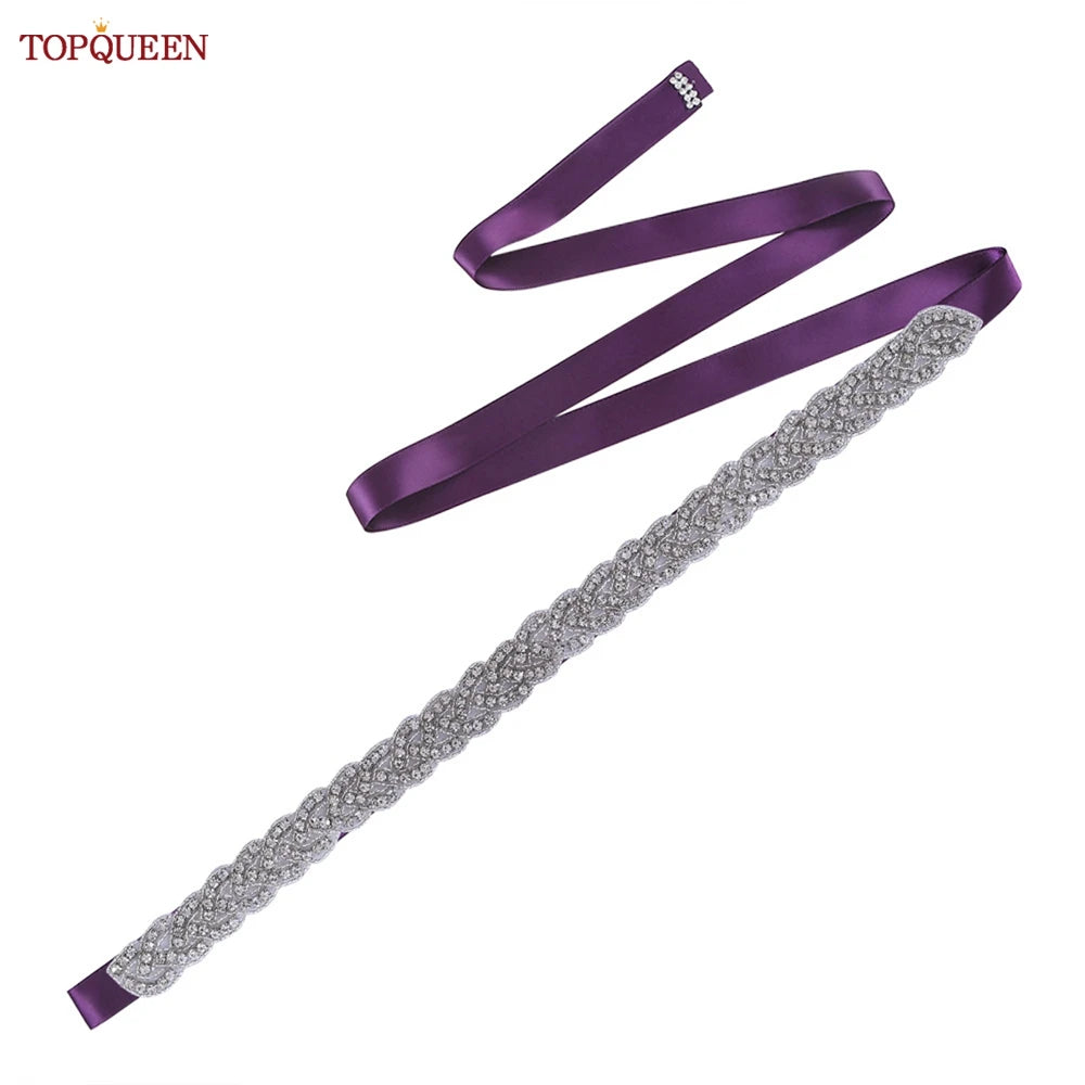 TOPQUEEN Luxury Wedding Bridal Sash Ribbon Sparkly Rhinestone Belts for Formal Dress Plus Size Diamond Belt Sash Applique  S216