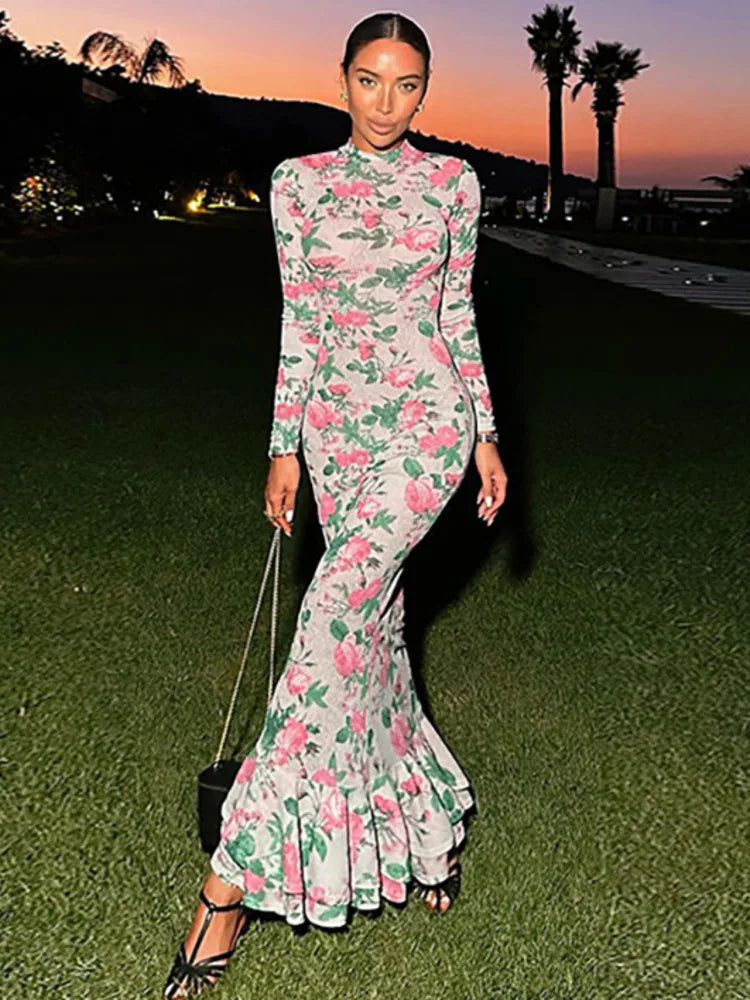Women Bodycon Maxi Dress Long Sleeve High Collar Slim Fit Elegant Outfit