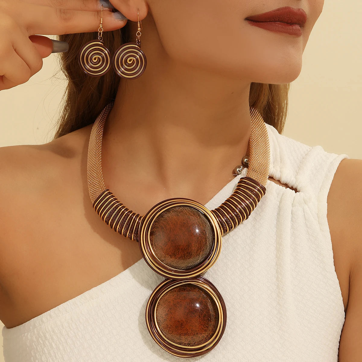 New African Colorful Round Geometry Jewelry Set Aluminium Wire Necklace Earrings Set For Women Party Wedding Dress Gifts