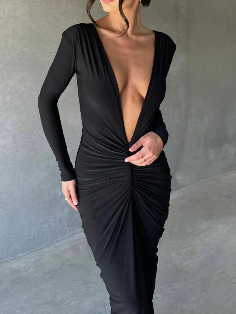 Reversible Deep V Neck or Deep V Backless Folds Slim Bodycon Maxi Dress Women Skinny Long Dress Elegant Club Party Vestidos