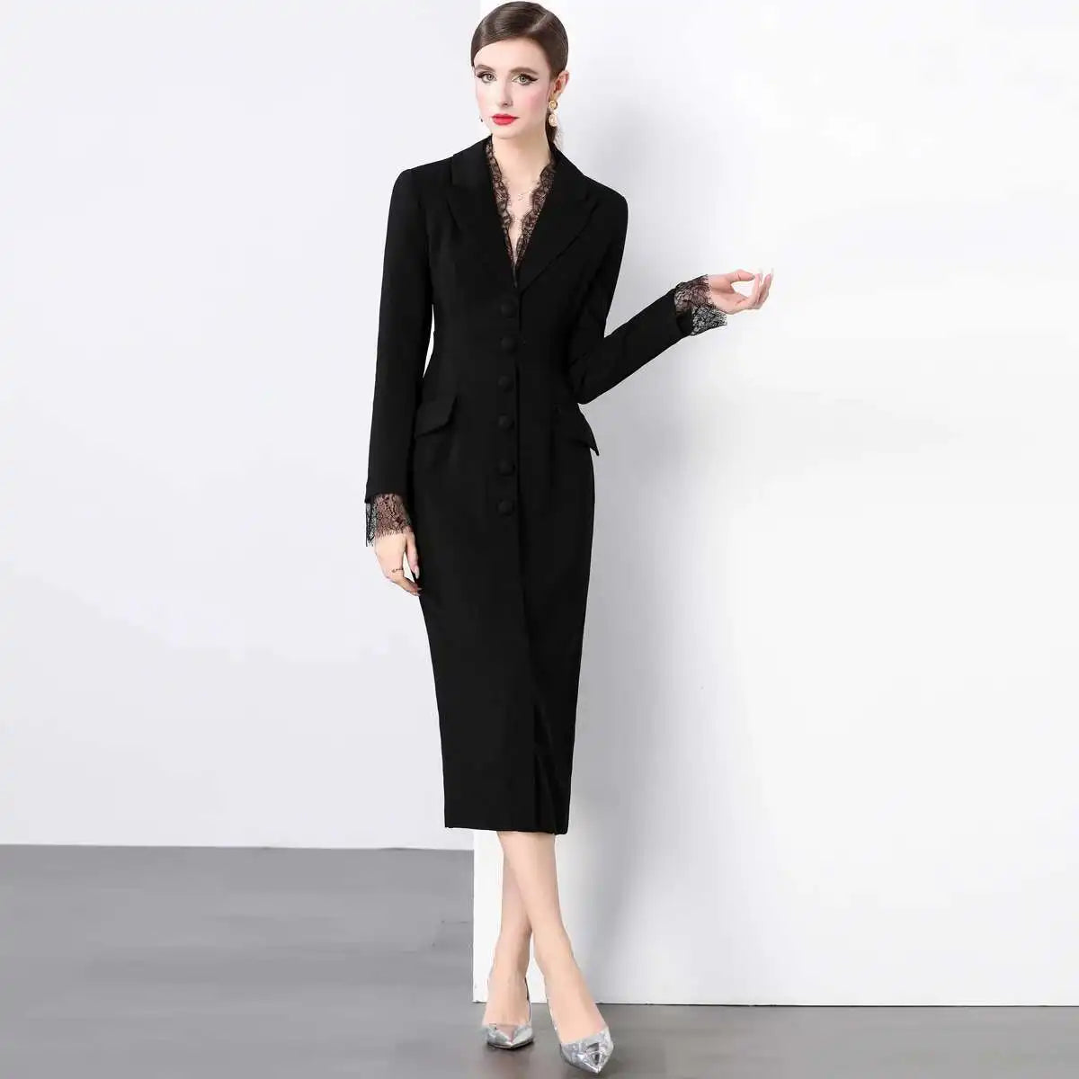 Autumn Winter Lace V Neck Long Sleeve Pencil Dress Women French Hepburn Style Single Breasted Bodycon Midi Work Dresses Lady