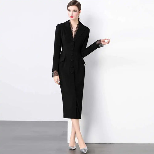 Autumn Winter Lace V Neck Long Sleeve Pencil Dress Women French Hepburn Style Single Breasted Bodycon Midi Work Dresses Lady