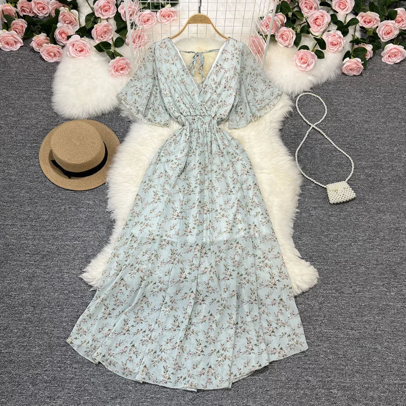Women Chiffon Floral Long Dress Elegant Korean V Neck Short Sleeve Summer Bohemian Print Beach Dresses For Women Black