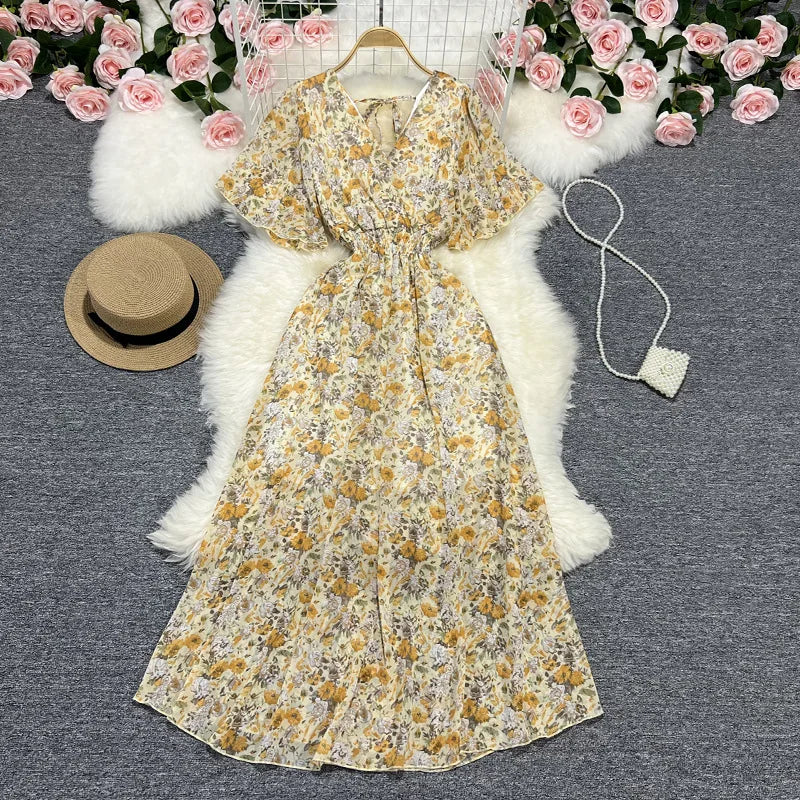 Women Chiffon Floral Long Dress Elegant Korean V Neck Short Sleeve Summer Bohemian Print Beach Dresses For Women Black