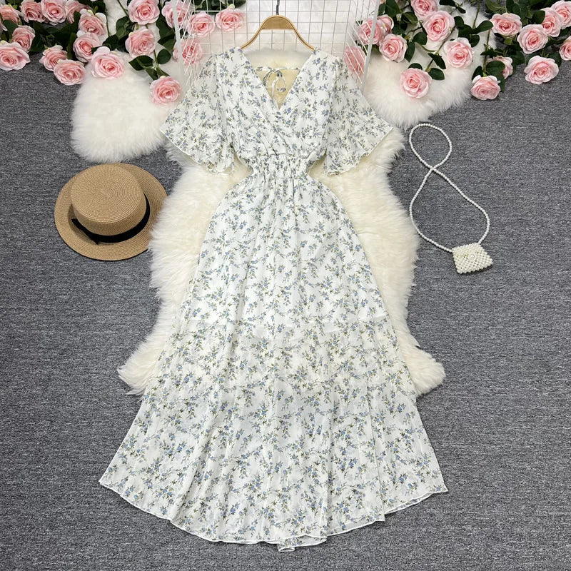 Women Chiffon Floral Long Dress Elegant Korean V Neck Short Sleeve Summer Bohemian Print Beach Dresses For Women Black