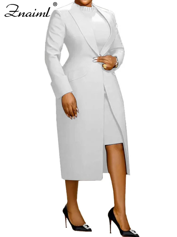 Znaiml Elegant Office Lady Long Blazer with Dress 2 Pieces Sets Woman Clothing Fashion Work Business African Streetwear Outfits
