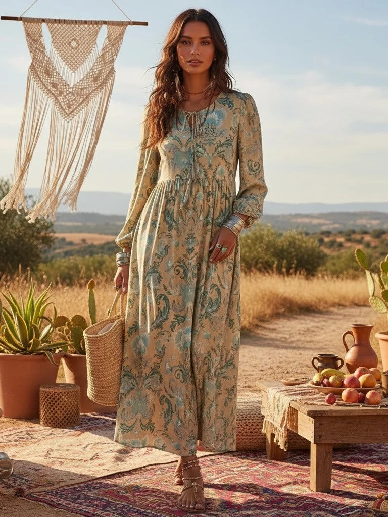 Vintage Chic Women Floral Print Lace-up Rayon Cotton Beach Bohemian Midi Dresses Ladies V-neck Boho Dress Vestidos