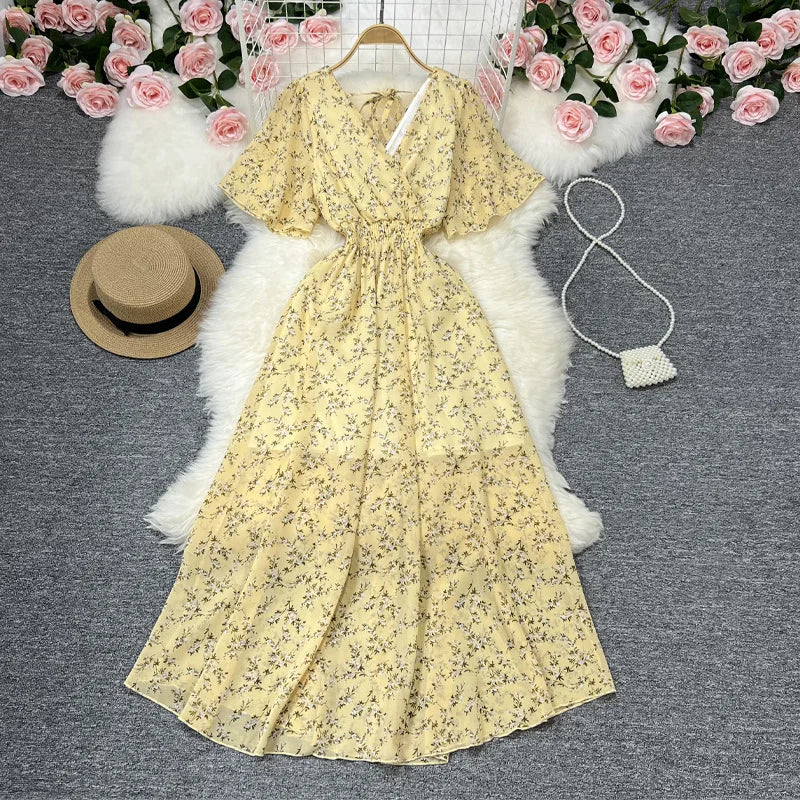 Women Chiffon Floral Long Dress Elegant Korean V Neck Short Sleeve Summer Bohemian Print Beach Dresses For Women Black