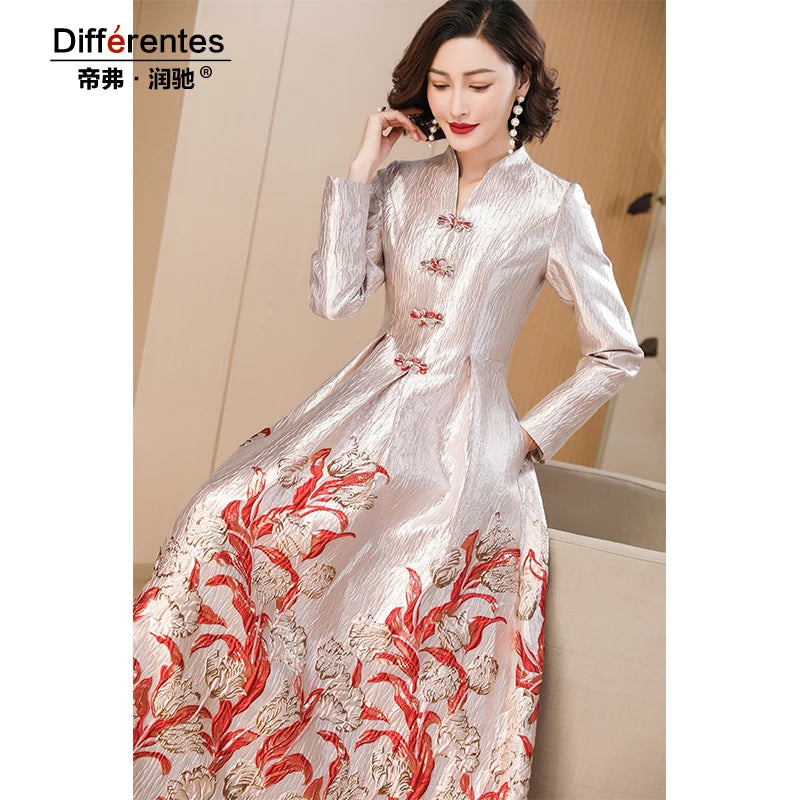Women Luxury Long Sleeve Jacquard Dress Floral Long Dress Girls Evening Events Party Dress Chinese Style Photograph Vintage