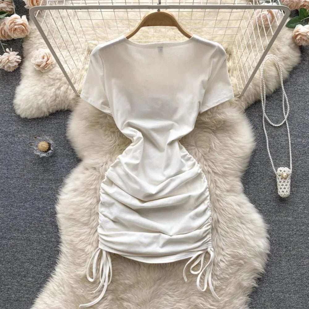 Dress Girls Summer New Square Neck Drawstring Solid Color Fashion Short Sleeved 2024 Simple Elastic Waist Fashion