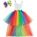 Girls Rainbow Tutu Dress V-Neck Train Flower Girl Tulle Princess Dresses Toddler Kids Birthday Party Christmas Halloween Costume